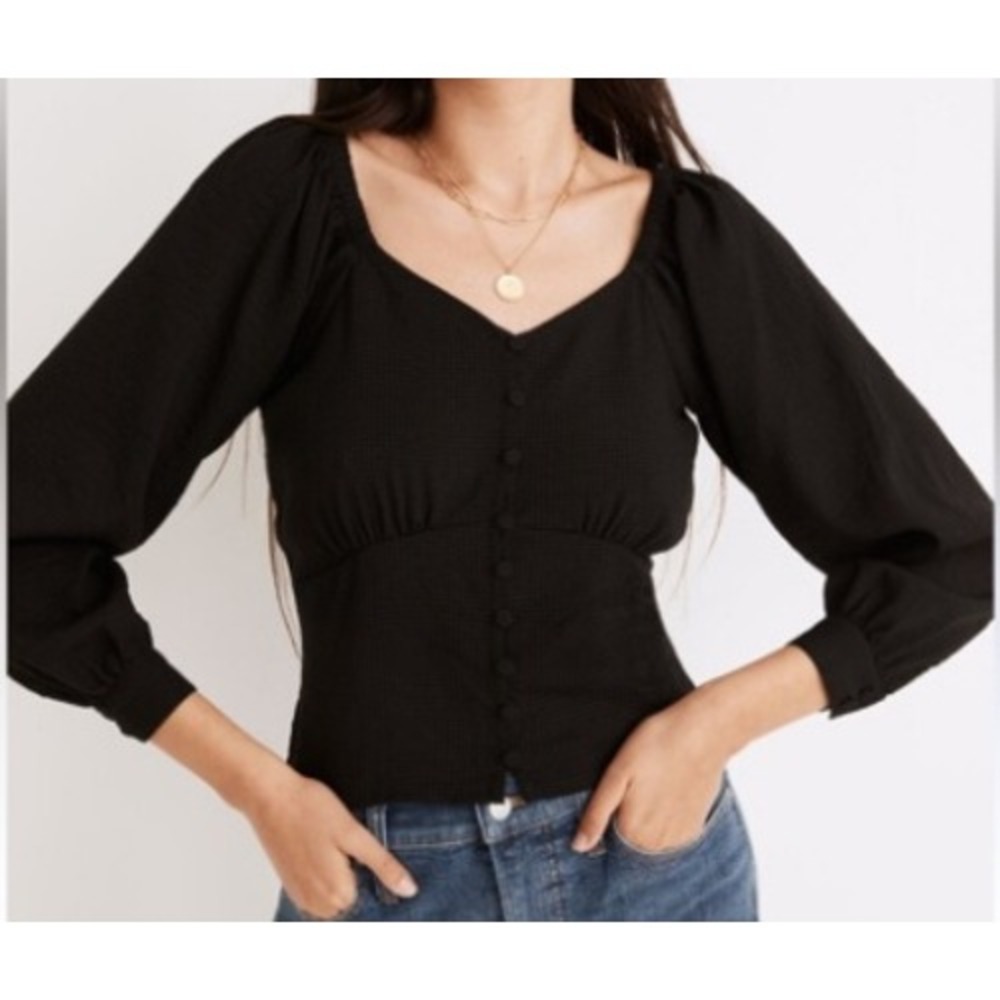 Madewell Preston Blouse Size Med Black Gingham Puff Sleeve Sweetheart New